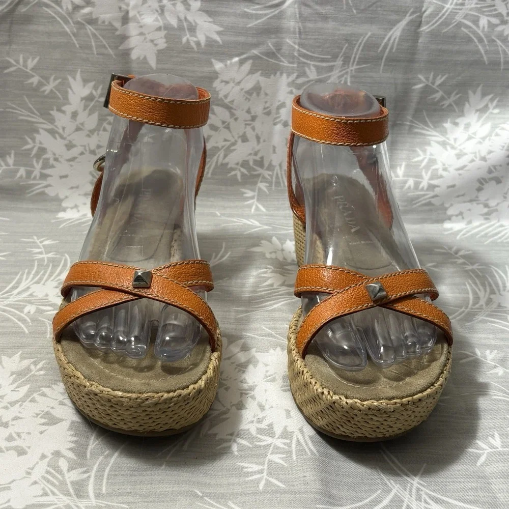 Prada Orange Leather Espadrille Wedge Sandals